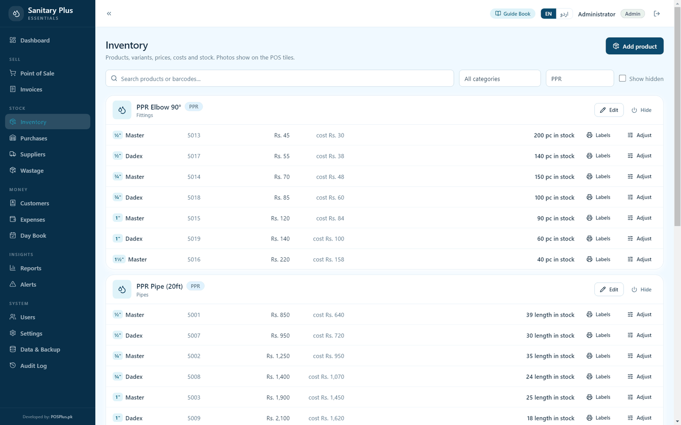 PPR selected — every PPR item, its brands, sizes and stock, in one view