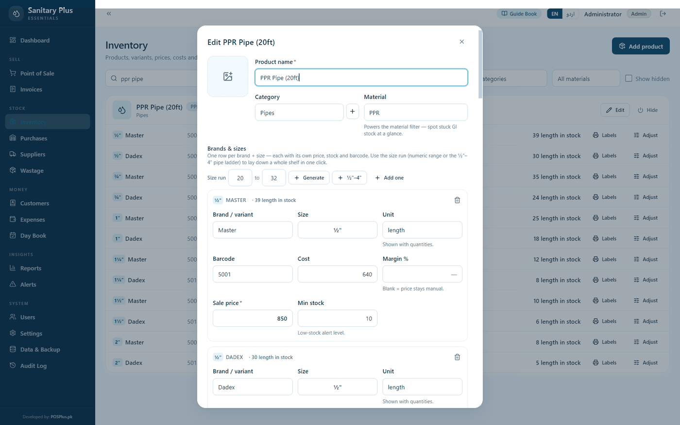 One row per brand and size — the ½"–4" ladder in one click